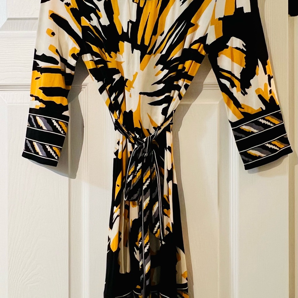 BCBGMaxAzria Black and Yellow Wrap Dress with Long Cuffed Sleeves